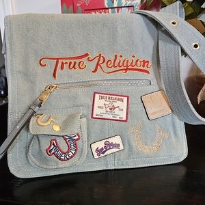 True Religion Light Blue Denim Messenger Bag with Embroidered Logos
